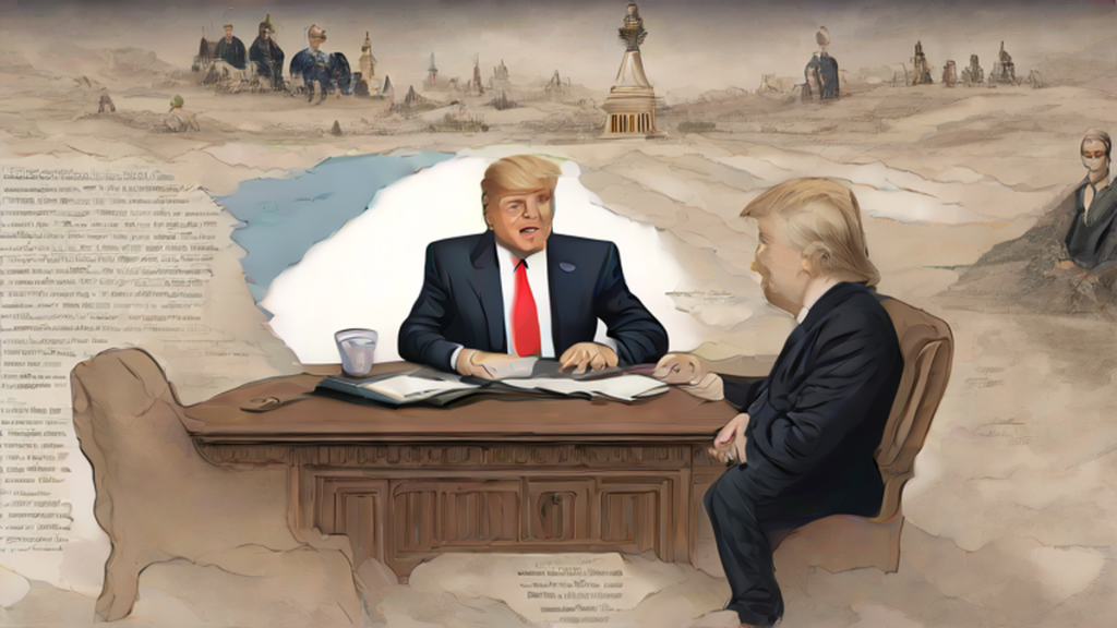 Ilustración editorial sobre sociedad: Trump: declarará estrecho de Ormuz territorio de EEUU tras derrotar a Irán