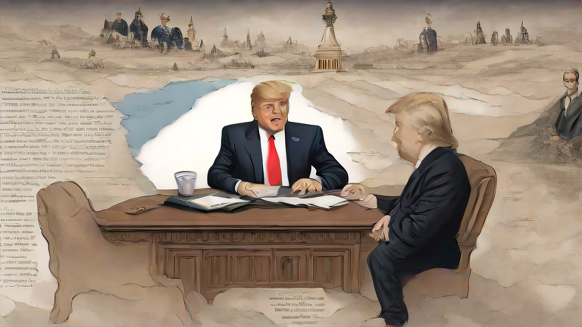 Ilustración editorial sobre sociedad: Trump: declarará estrecho de Ormuz territorio de EEUU tras derrotar a Irán