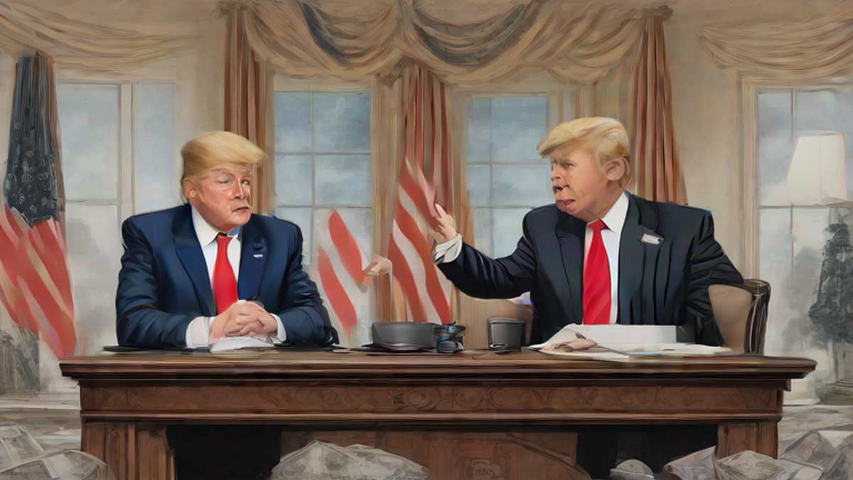 Ilustración editorial sobre economía: Trump anuncia ofensiva económica sin precedentes contra Irán