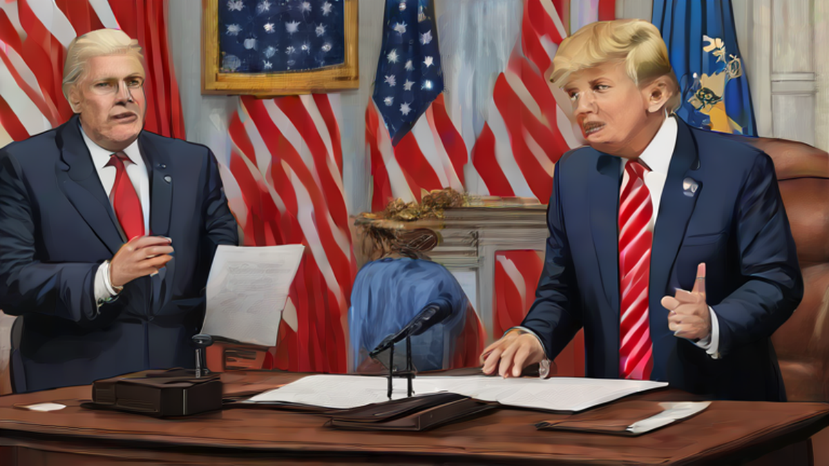 Ilustración editorial sobre sociedad: Trump anuncia acuerdo petrolero con Venezuela que duplicará reservas estadounidenses
