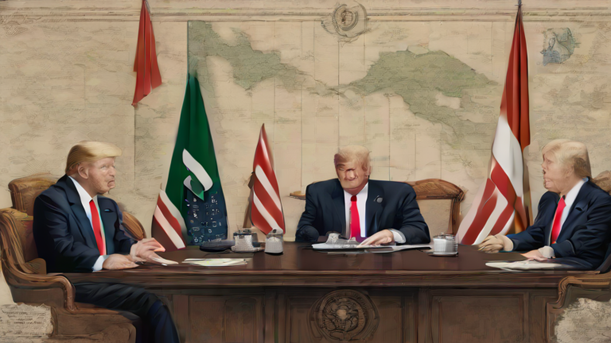 Ilustración editorial sobre sociedad: Trump declara Ormuz nuevo territorio estadounidense