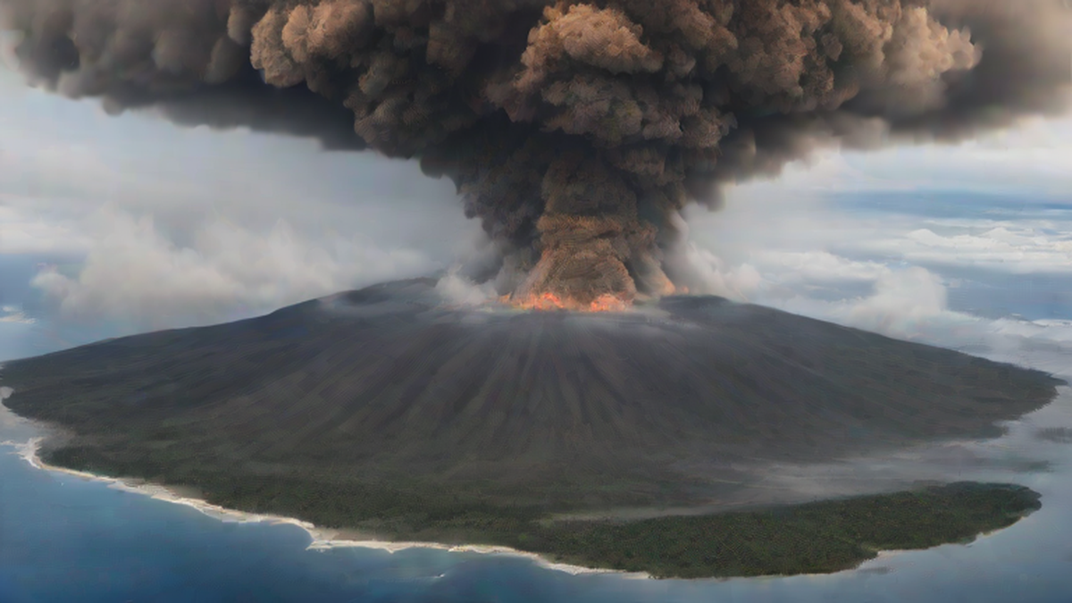 Ilustración editorial sobre sociedad: Seis aeropuertos cerrados tras erupción del volcán Anak Krakatoa en Indonesia