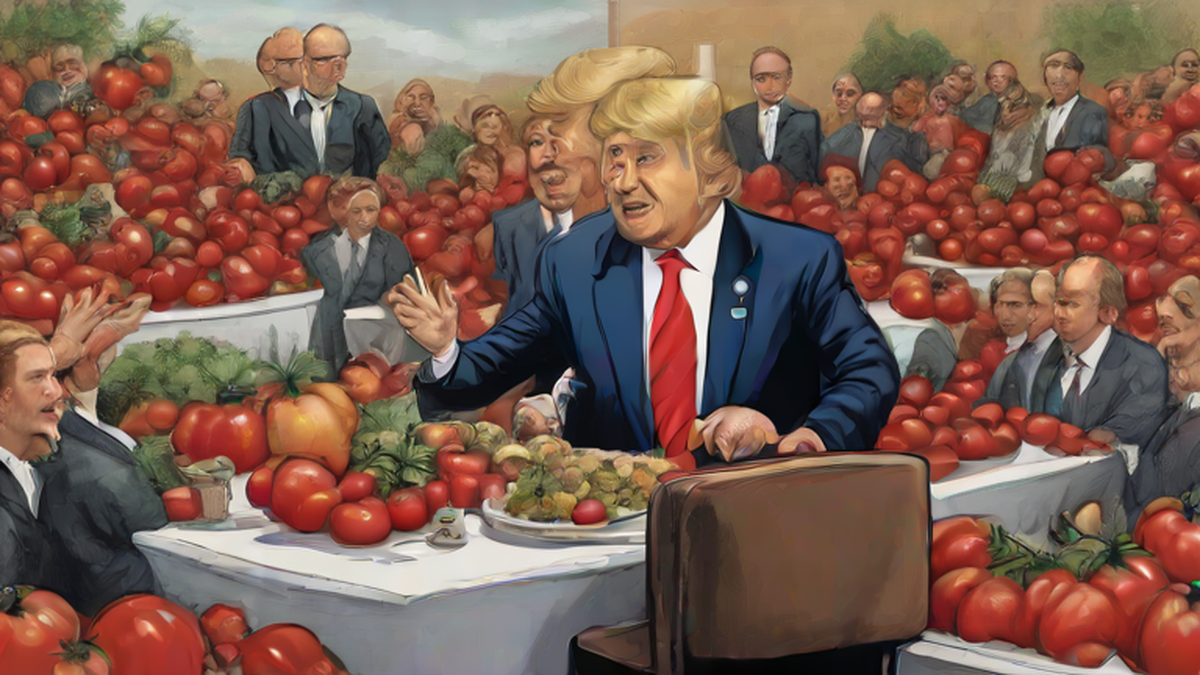 Ilustración editorial sobre política: Trump: México solo ofrece tamales y tomates a EE.UU.